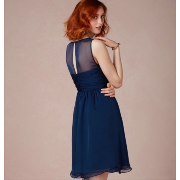 Hitherto Daylily Navy Sheer Shoulder Sleeveless Dress Ruched Side & Back Waist 0 - Picture 2 of 16